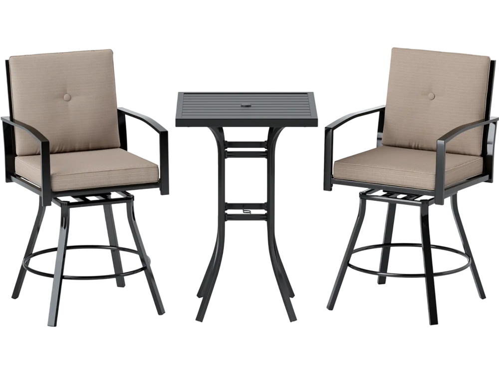 Swivel bar chair with soft cushions and sturdy metal frame, designed for comfort and support during outdoor gatherings.