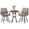 Patio swivel bar set with soft cushions, ergonomic design, and umbrella hole, perfect for outdoor dining and relaxation.