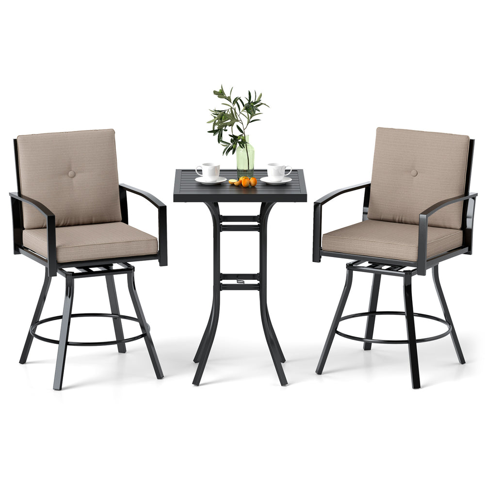 Patio swivel bar set with soft cushions, ergonomic design, and umbrella hole, perfect for outdoor dining and relaxation.