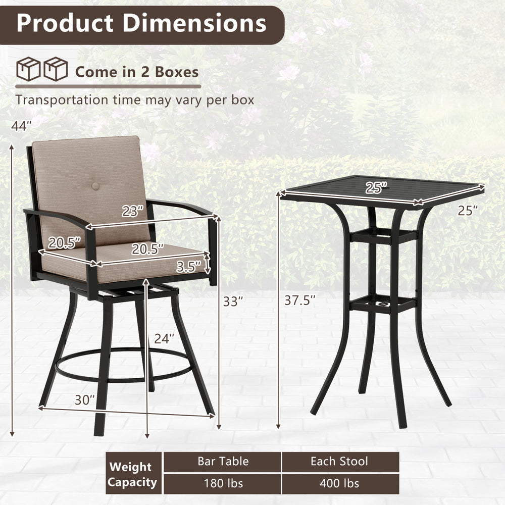 Patio swivel bar set featuring cushioned stools and a square table with umbrella hole, perfect for outdoor gatherings.