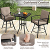 Three-piece patio swivel bar set with soft cushions, ergonomic design, and umbrella hole for outdoor dining comfort.