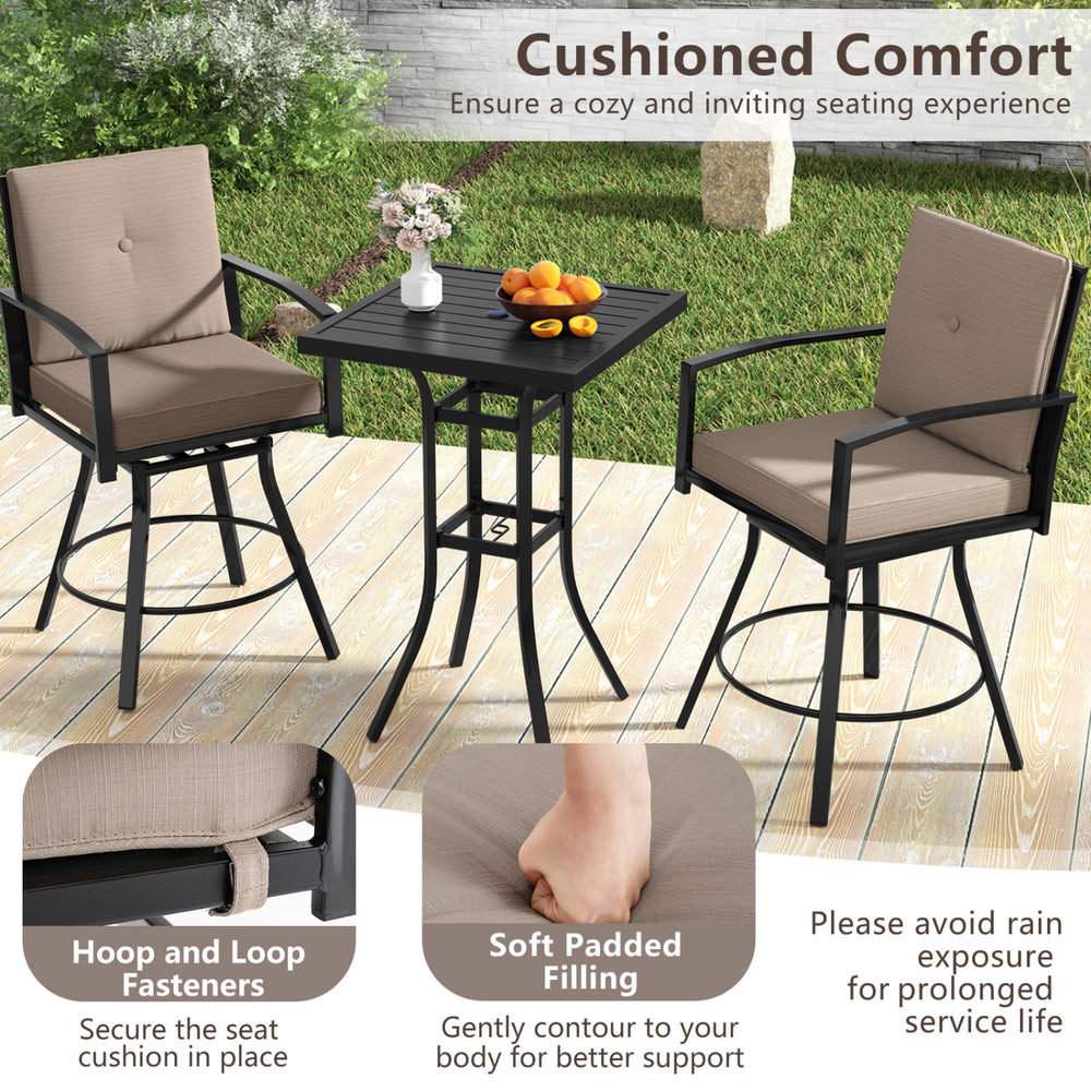 Three-piece patio swivel bar set with soft cushions, ergonomic design, and umbrella hole for outdoor dining comfort.