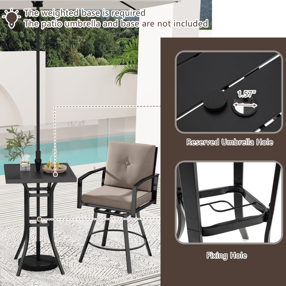 Patio swivel bar set featuring cushioned chairs and a 1.57" umbrella hole, perfect for outdoor dining and relaxation.