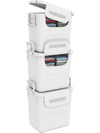 Stackable white plastic storage bins with front door and side handles, ideal for home organization and easy transport.