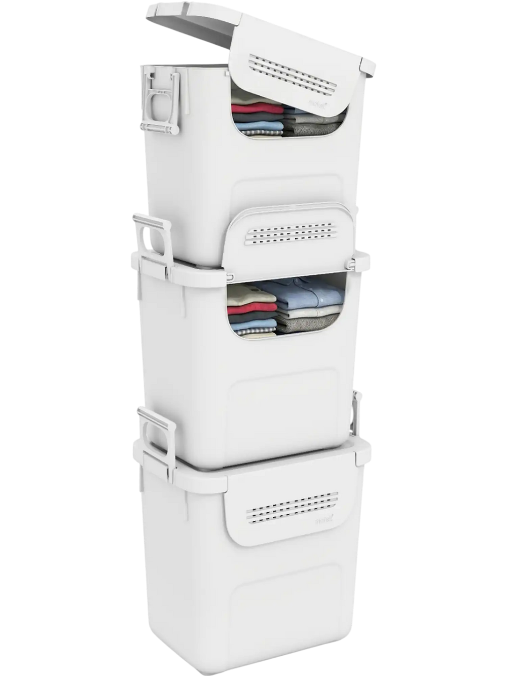 Stackable white plastic storage bins with front door and side handles, ideal for home organization and easy transport.