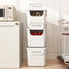 Stackable white plastic storage bins with front door and side handles, ideal for versatile home organization.