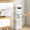 Stackable white plastic storage bins with front door, side handles, and ventilation holes for versatile home.