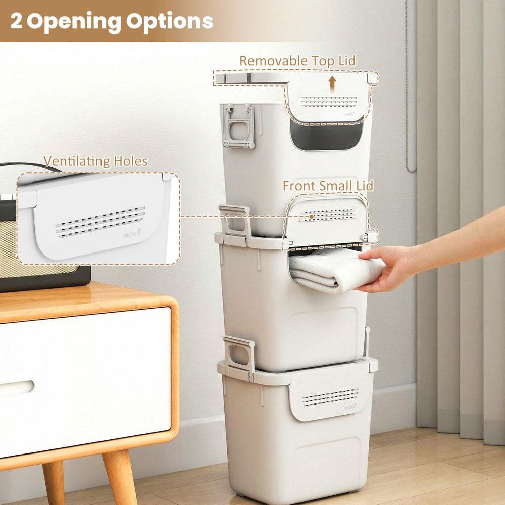Stackable white plastic storage bins with front door, side handles, and ventilation holes for versatile home.