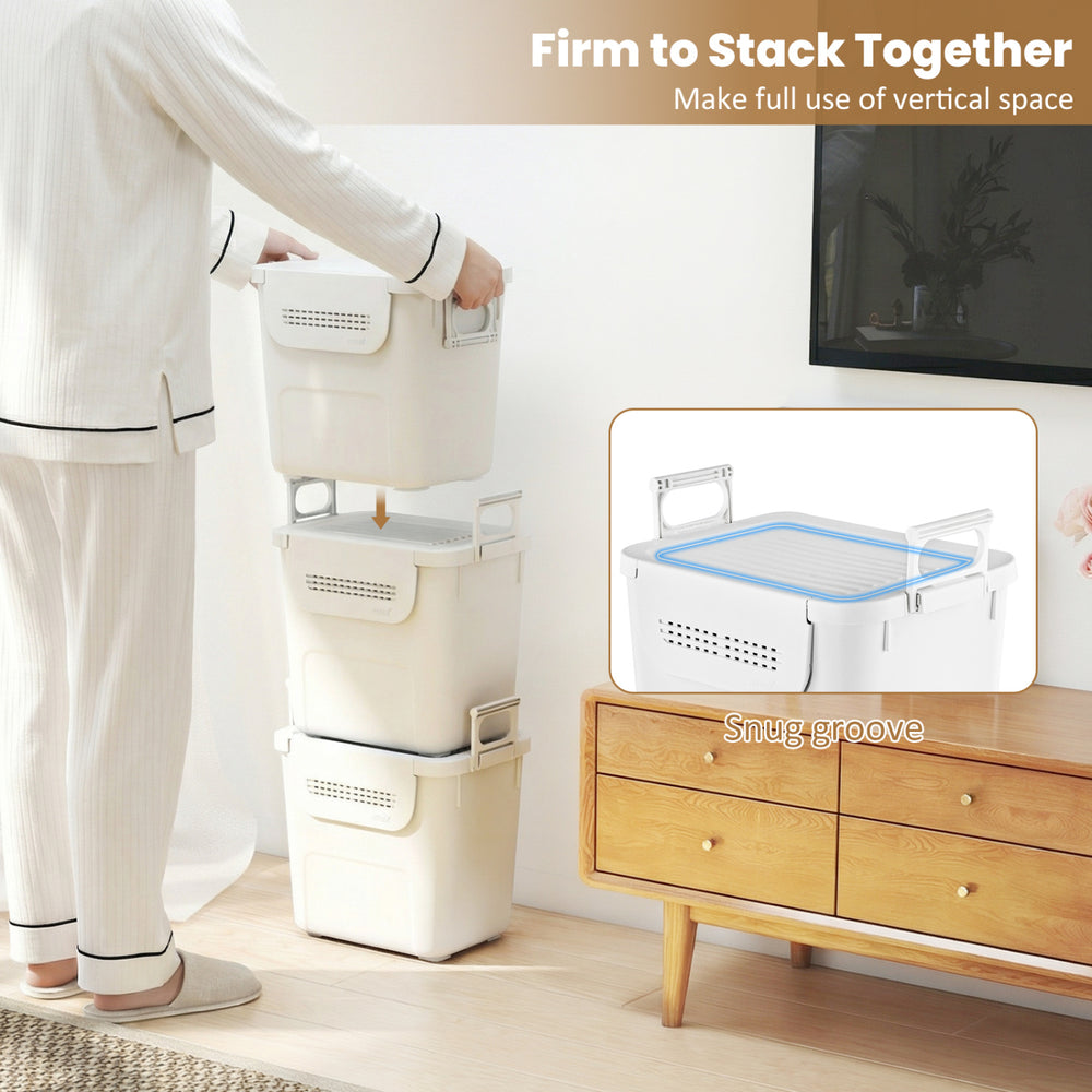 Stackable white plastic storage bin with snug lid grooves and side handles for easy transport and stable stacking.