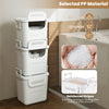 Stackable white plastic storage bins with front door and side handles, 32 QT capacity, ideal for home organization.