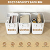Three stackable white plastic storage bins with front doors and side handles, perfect for versatile home organization.
