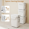 Single stackable white plastic storage bin with front flap door and locking side handles for efficient home.