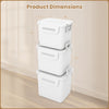 Stackable white plastic storage bins with front door and side handles, measuring 11.5" x 16" x 14", ideal for home.