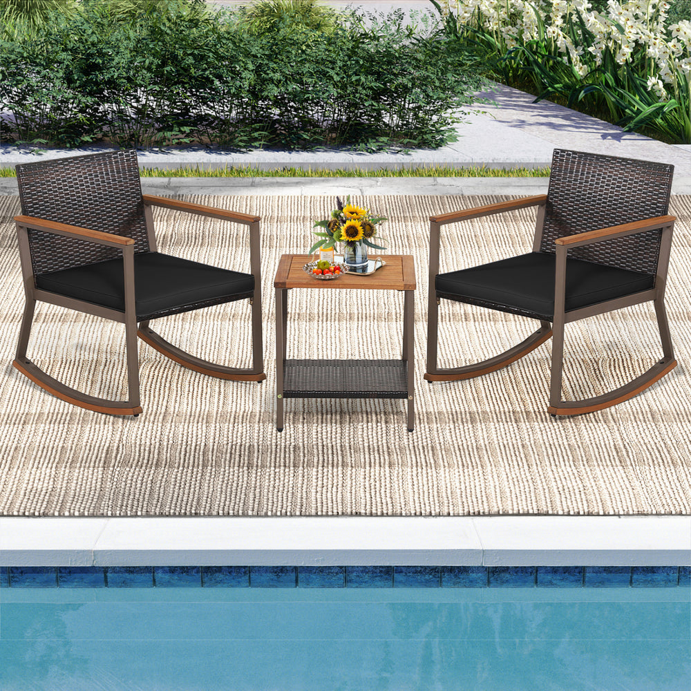 3 Pieces Rattan Rocking Bistro Set with Coffee Table and Cushions-Black - Gallery View 1 of 10
