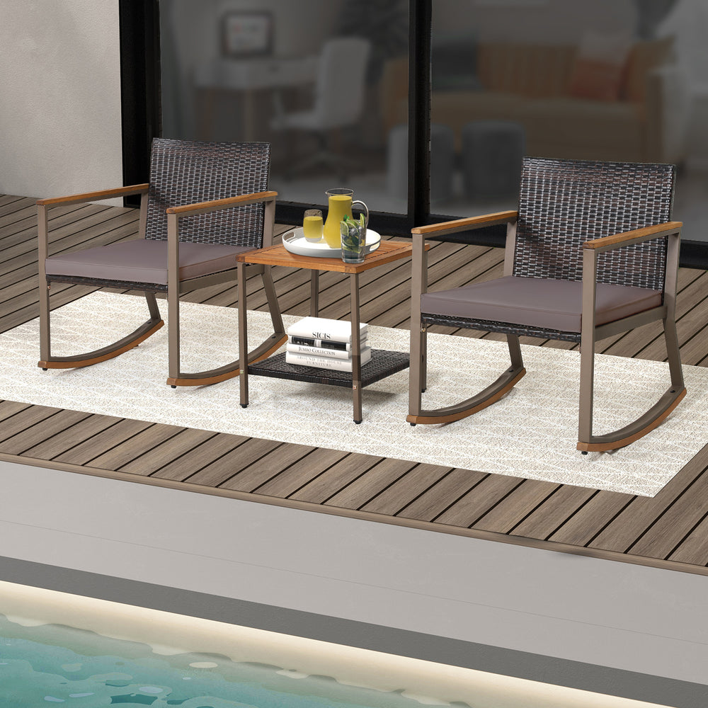 3 Pieces Rattan Rocking Bistro Set with Coffee Table and Cushions-Gray - Gallery View 1 of 10