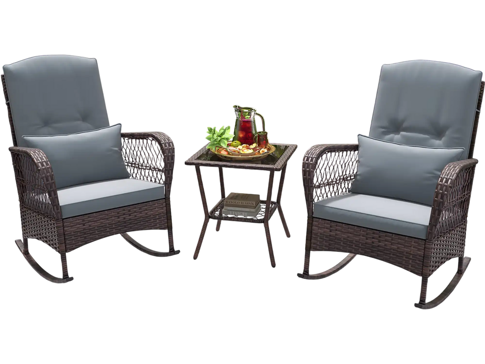 Rocking bistro set featuring two gray cushioned chairs and a 2-tier coffee table, perfect for backyard relaxation.