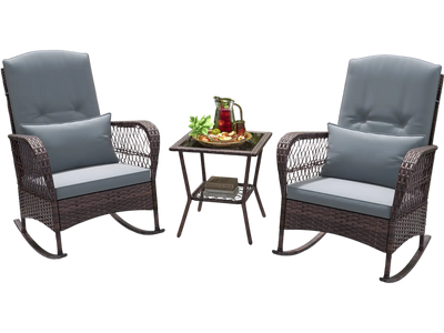 Costway 3-Piece Patio Rocking Bistro Set w/ 2-Tier Coffee Table Gray 29418763 New