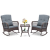 Rocking bistro set featuring two gray cushioned chairs and a 2-tier coffee table, ideal for outdoor relaxation.