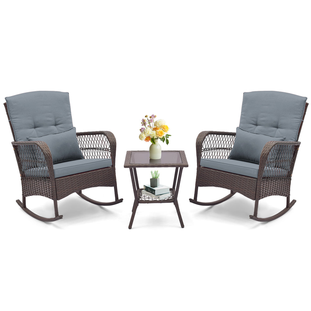 Rocking bistro set featuring two gray cushioned chairs and a 2-tier coffee table, ideal for outdoor relaxation.
