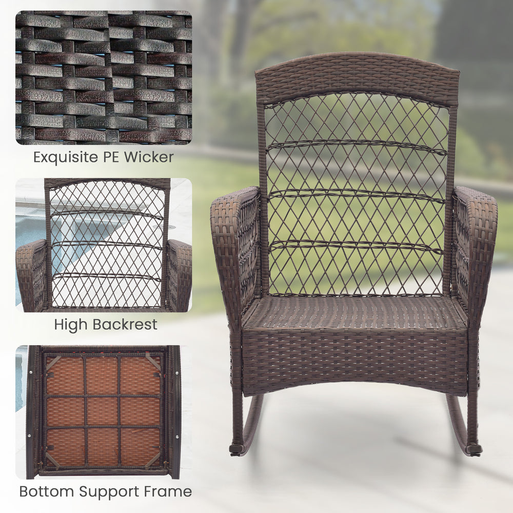 Single rocking chair featuring exquisite PE wicker, high backrest, and bottom support frame for outdoor comfort.