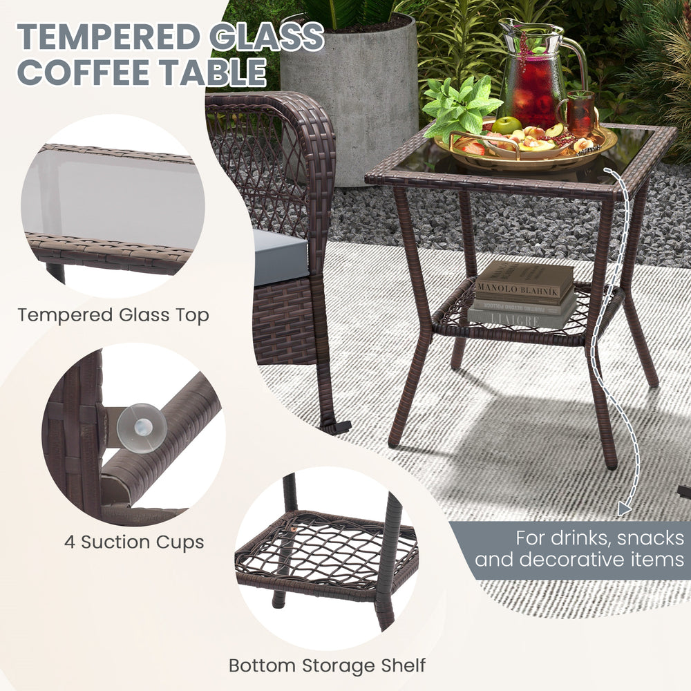 Gray tempered glass coffee table with bottom storage shelf, ideal for drinks and snacks in outdoor settings.