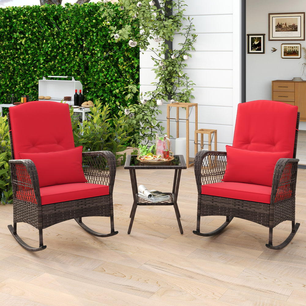 3 Pieces Rocking Bistro Set with 2-Tier Coffee Table-Red - Gallery View 1 of 8