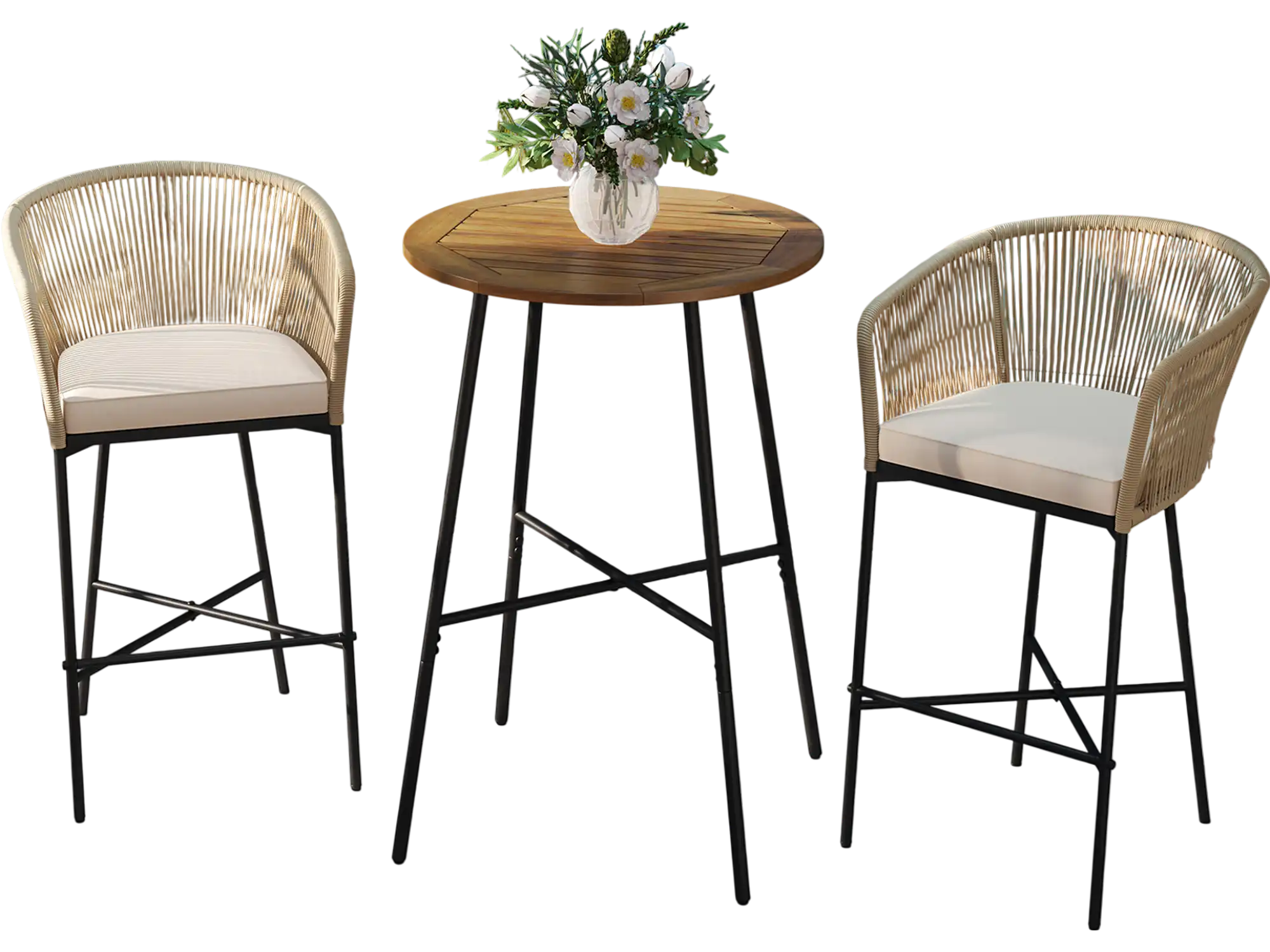 Costway 3-Pc Rope Woven Patio Bar Set w/ Cushions Acacia Wood Table Beige 952748361 New