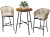 Rope woven patio bar set with acacia wood tabletop and soft cushions, perfect for balcony or garden relaxation.