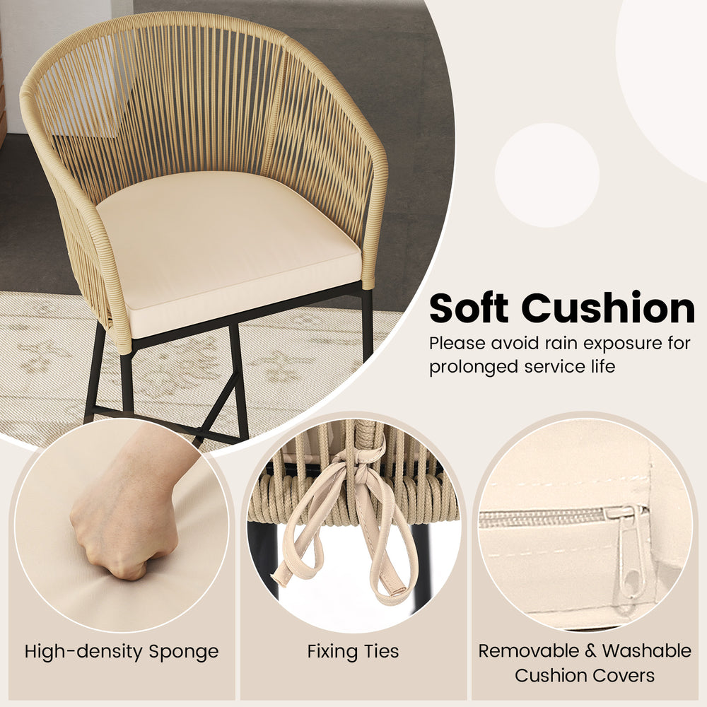 Close-up of the soft cushion on a rope woven patio bar chair, featuring high-density sponge and fixing ties for comfort.