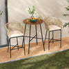 Rope woven patio bar set with beige cushions and acacia wood tabletop, ideal for balcony or garden relaxation.