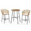 Rope woven patio bar set featuring two chairs with soft cushions and a solid acacia wood tabletop for outdoor.