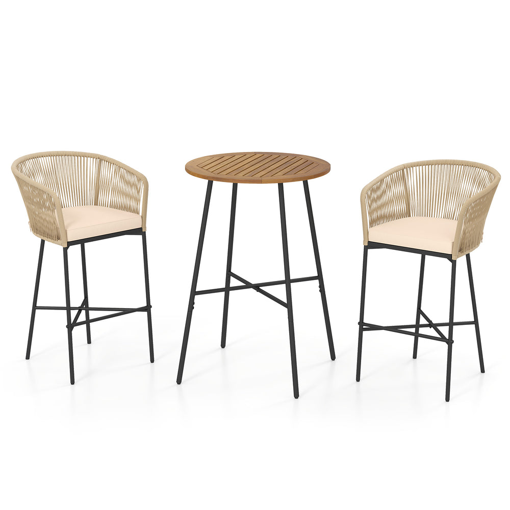 Rope woven patio bar set featuring two chairs with soft cushions and a solid acacia wood tabletop for outdoor.