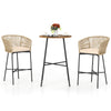 Rope woven patio bar set featuring beige soft cushions and a solid acacia wood tabletop, ideal for outdoor relaxation.