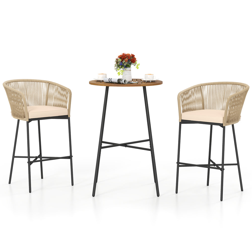 Rope woven patio bar set featuring beige soft cushions and a solid acacia wood tabletop, ideal for outdoor relaxation.