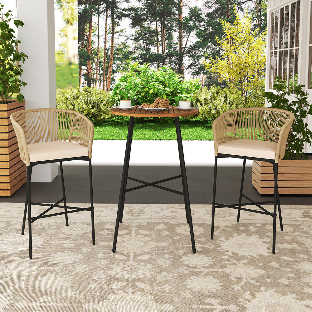 Rope woven patio bar set with soft beige cushions and acacia wood tabletop, ideal for balcony or garden relaxation.