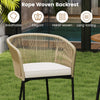 Rope woven backrest chair with soft cushion, acacia wood tabletop, ideal for patio and garden relaxation.