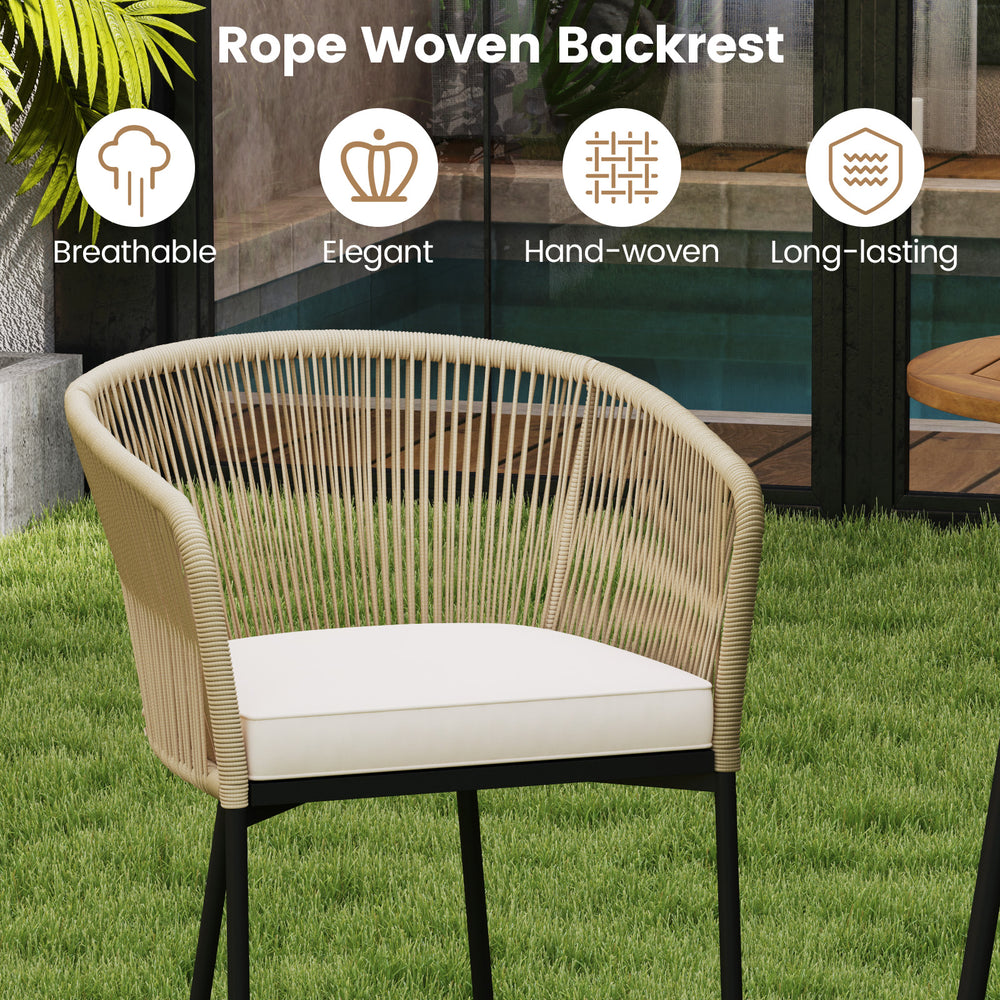 Rope woven backrest chair with soft cushion, acacia wood tabletop, ideal for patio and garden relaxation.