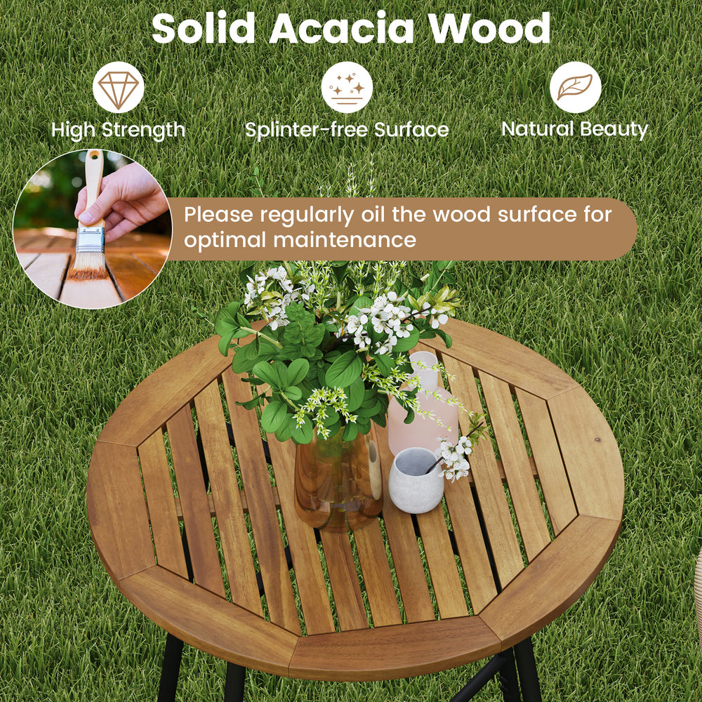 Close-up of the solid acacia wood tabletop showcasing its natural beauty and splinter-free surface for outdoor patio.