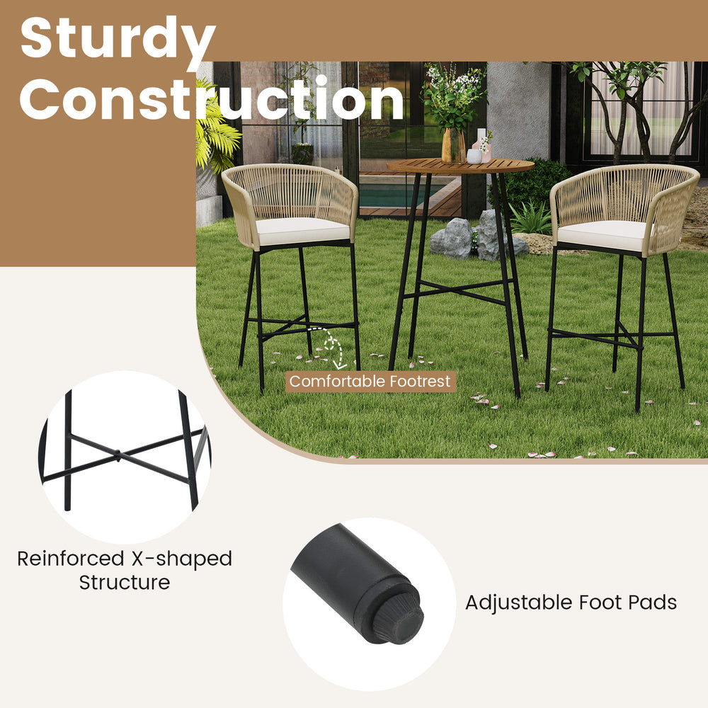 Rope woven patio bar set featuring a solid acacia wood tabletop, soft cushions, and adjustable foot pads for outdoor.