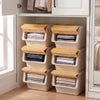 Stackable storage bins with stay-open lids, 35 QT capacity, ideal for organizing kitchens and closets on wheels.