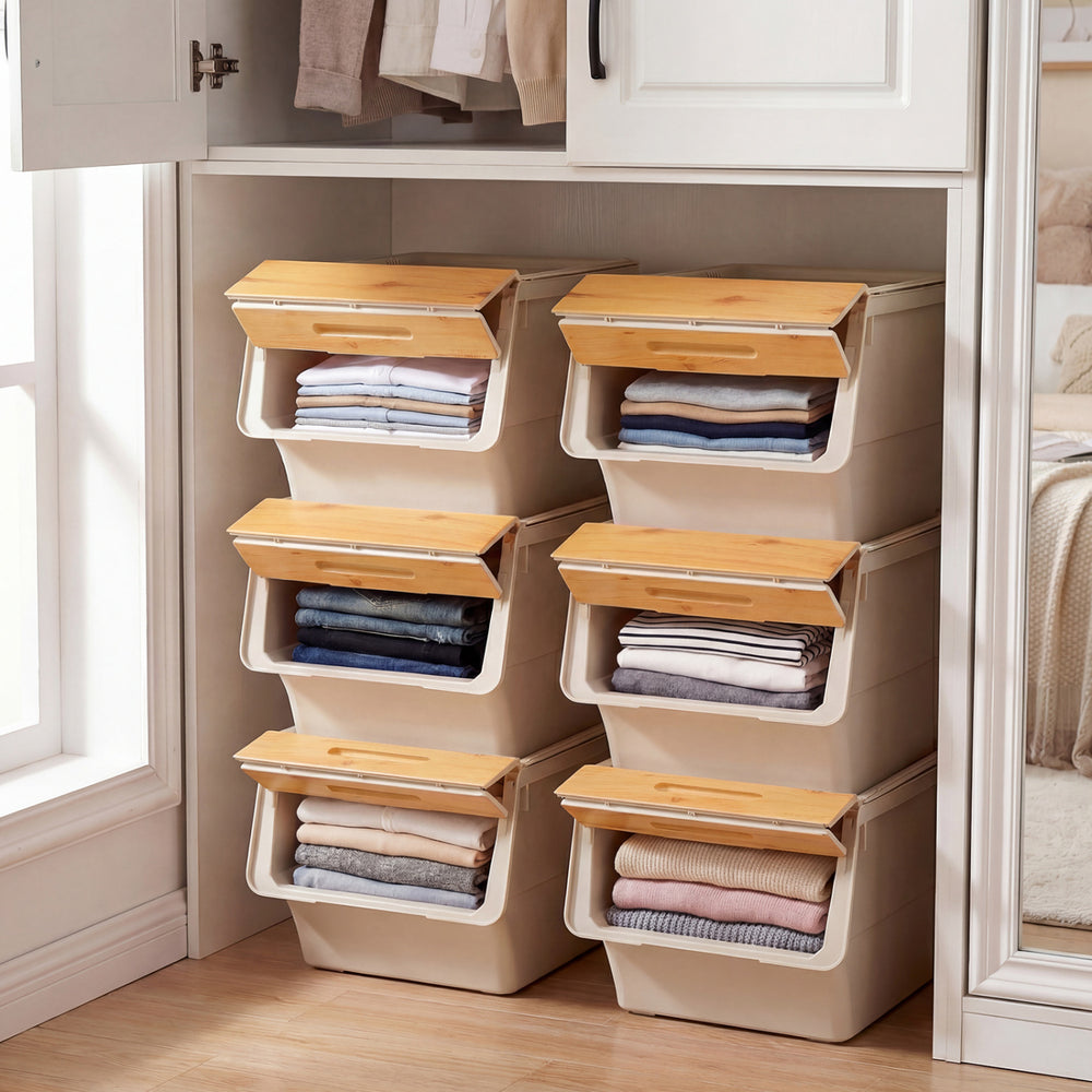 Stackable storage bins with stay-open lids, 35 QT capacity, ideal for organizing kitchens and closets on wheels.