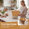 Storage bin with front open design and stay-open lid, featuring 35 QT capacity, ideal for organizing kitchens and.