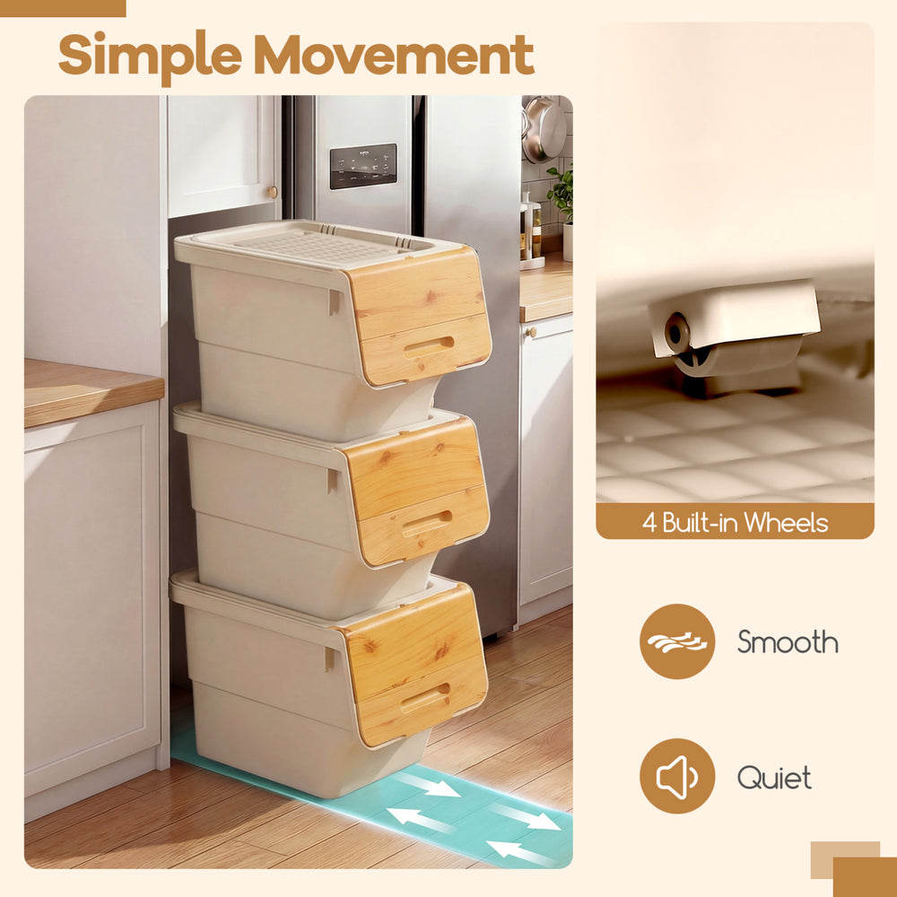 Stackable storage bins with stay-open lids, 35 QT capacity, made of waterproof PP, featuring 4 smooth-rolling wheels.