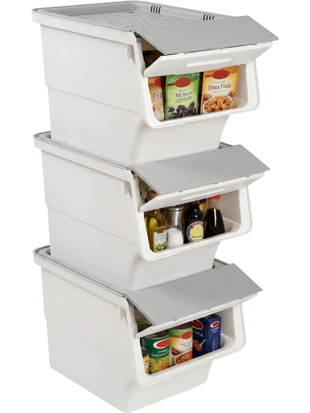 Stackable gray storage bins with stay-open lids, featuring wheels for easy mobility, ideal for organizing various.