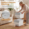 Stackable gray storage bins with wheels and stay-open lids, perfect for organizing kitchens and bedrooms.