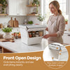 Stackable gray storage bin with stay-open lid and wheels, ideal for organizing kitchens and closets.