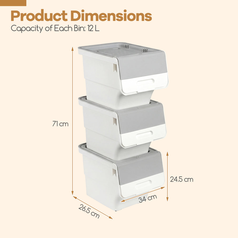 Stackable gray storage bins on wheels, each 12.5 QT, with stay-open lids for easy access and organization.