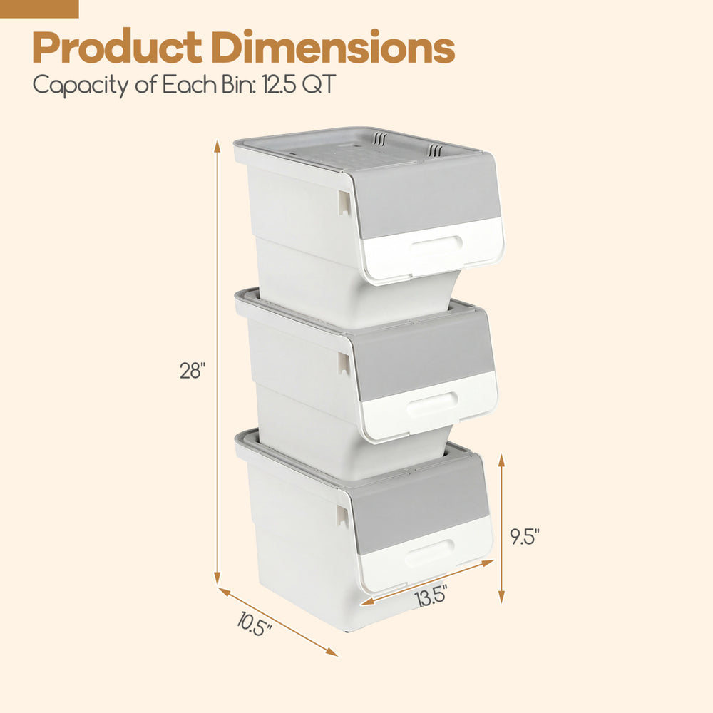 Stackable gray storage bins with stay-open lids, each 12.5 QT, featuring wheels for easy mobility and interlocking.