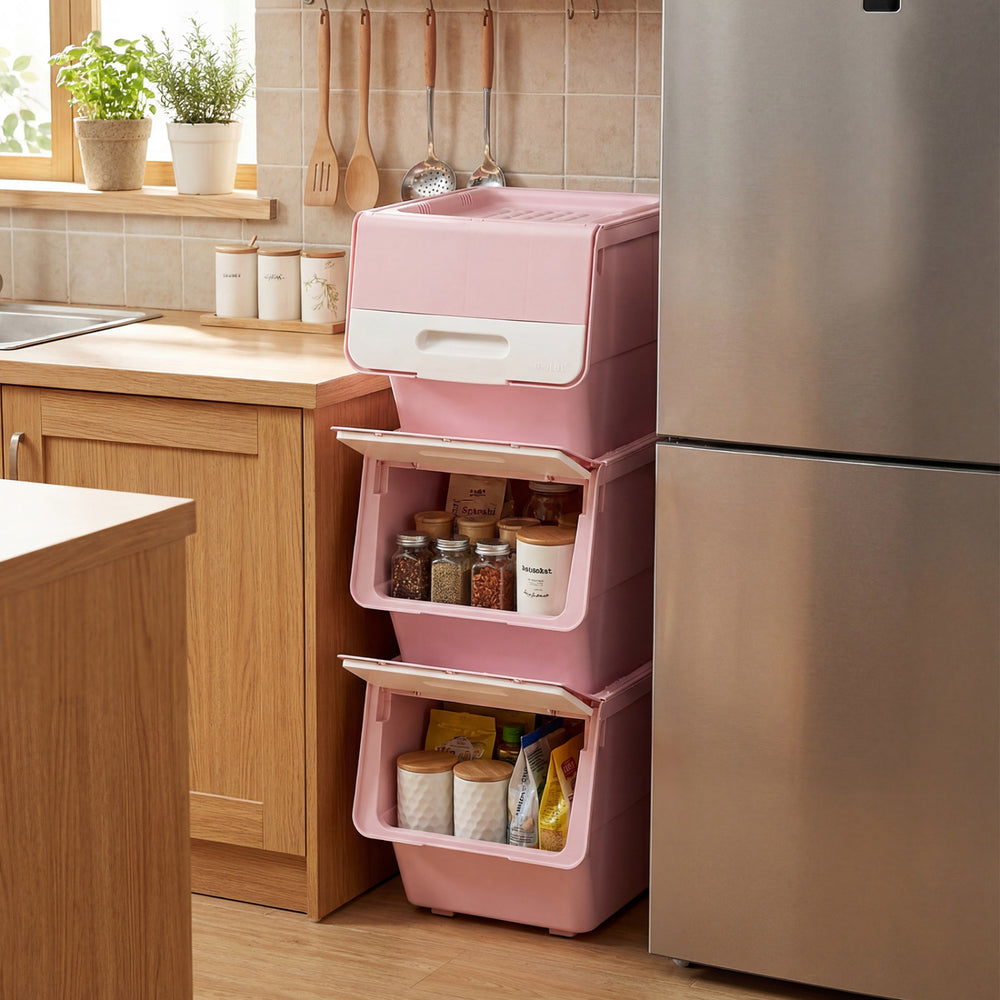 3 Pieces Storage Bins on Wheels Stackable Plastic Boxes with Stay-Open Lid (S)-Pink - Gallery View 1 of 12