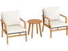 Stylish acacia wood side table complements two chairs with off-white cushions, ideal for outdoor gatherings on the patio.